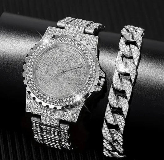 (Nr.92) Iced-Out Damen Set (Uhr + 20cm Armband)